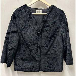 Vtg Winter Product  Womens Cropped Coat S 50s Black Faux Persian Curly Lamb Glam